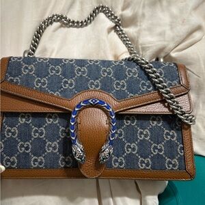 Gucci Blue and Brown Shoulder Bag with Silver Chain